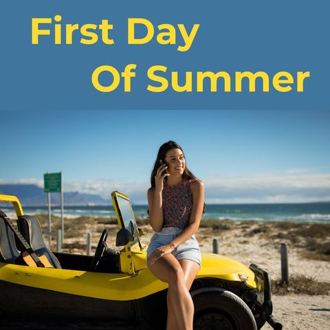 Woman enjoying beachfront in yellow dune buggy summer theme