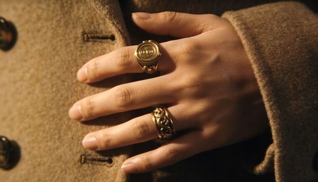 Hand resting wearing gold signet ring and braided band on brown wool coat, luxury