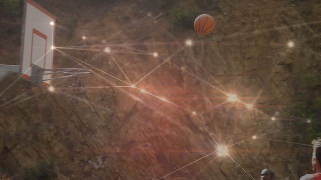 Poster of a basketball mid-air near hoop outdoors integrated with digital connection lines and glowing points. Fits use in sports analysis, technology-driven sports visuals, or marketing material for athletic brands interested in telecommunications or internet services.