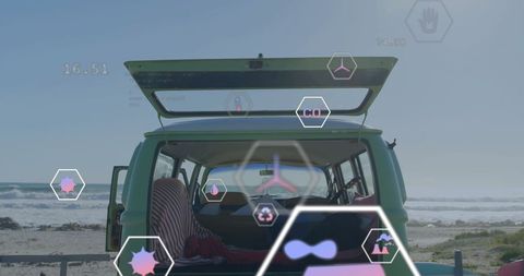 Eco-friendly journey: camper van by the sea with digital green energy icons