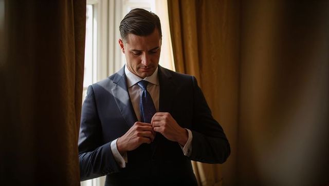 Man adjusting tailored suit and patterned blue tie at window in elegant corporate hotel room