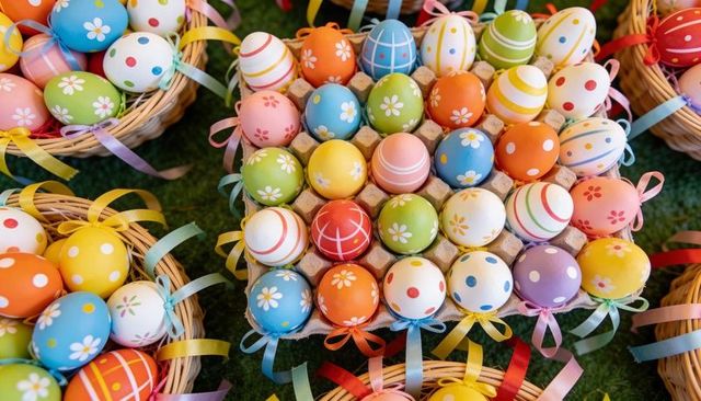 Hand-painted Pastel Easter Eggs in Egg Tray and Wicker Baskets with Colorful Ribbons