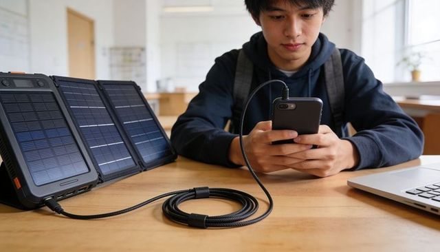 Student charging smartphone with portable solar panel while studying at desk