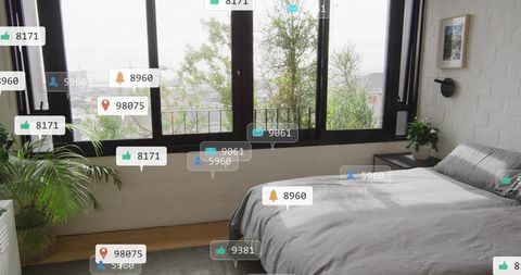 Modern bedroom with social media engagement icons sparking online interaction concept
