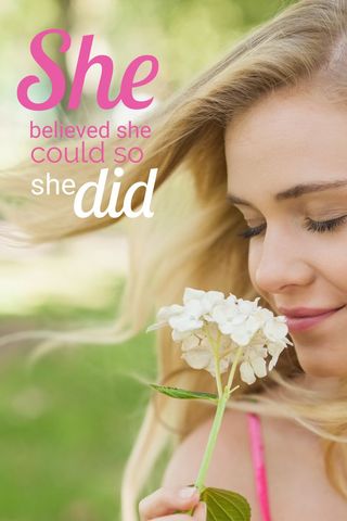 Woman enjoying flower represents empowerment and achievement