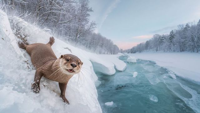 Playful otter bracing on snowy bank beside turquoise frozen river in winter forest