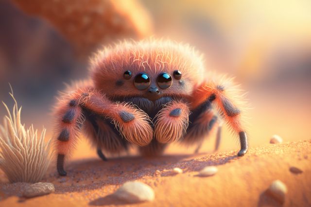 Cute orange spider with on sand with rocks created using generative ai technology. Animals and nature concept digitally generated image.