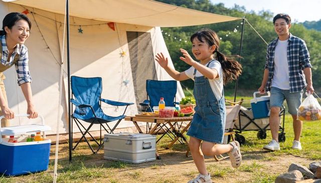 Happy family camping with daughter running toward parents at sunny lakeside campsite