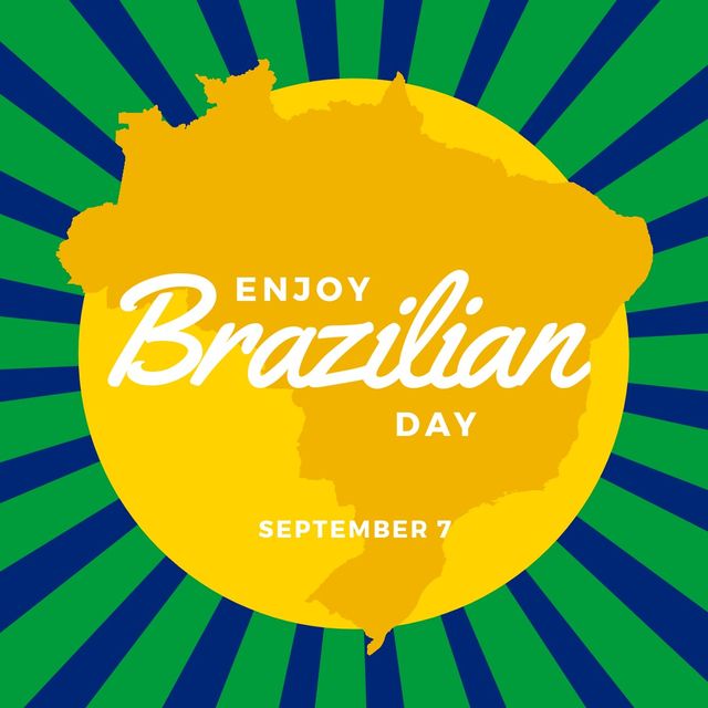 Enjoy brazilian day text over brazil map against blue radial rays on green background. brazilian day celebration and awareness concept