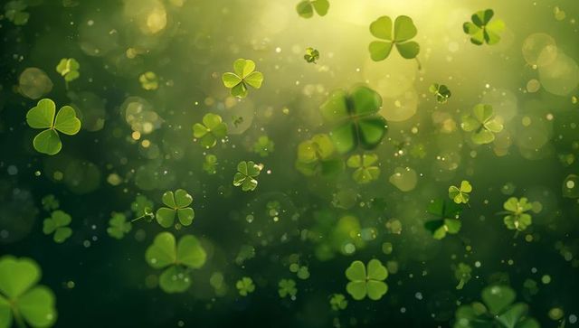 Drifting shamrock and clover leaves in golden bokeh lighting, glowing dew and soft sunlight