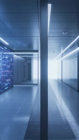 Vertical video gliding through futuristic corridor with LED circuit panel and sleek pillar