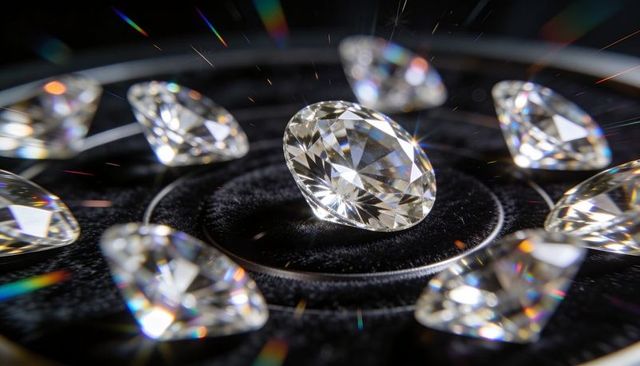 Round brilliant diamond sparkling on black velvet with prismatic light dispersion