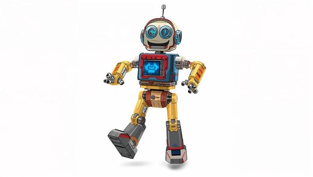 Colorful retro robot walking with pixel chest display and antenna toy companion