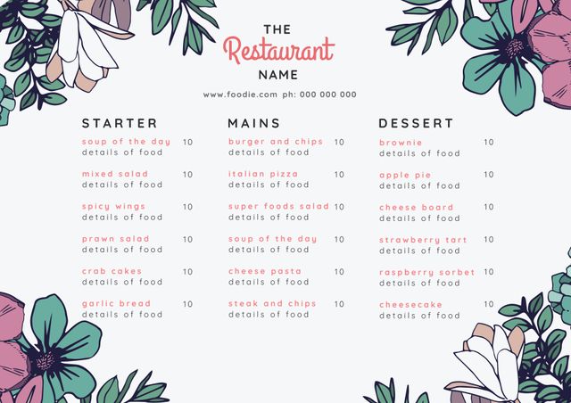 This elegant floral menu template is ideal for bistros, cafes, spas, and special events. The design features vibrant flowers around the border, with clearly divided sections for starters, mains, and desserts. The soft and inviting color scheme suits a variety of themes, making it perfect for casual dining establishments or refined events. Customize the text to fit your menu items and branding. It can be printed for use in physical menus, shared on social media, or uploaded as part of a digital menu.