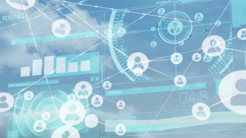 Digital Interface with Data and Networking Icons Overlay Sky