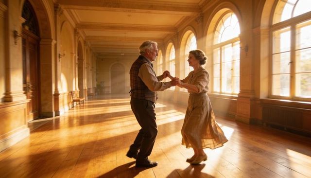 Senior couple dancing in sunlit grand hall evoking vintage romance and timeless joy