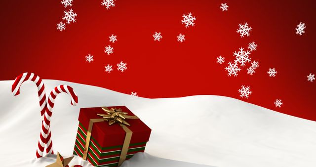 Festive Candy Canes and Christmas Gift on Snowy Red Backdrop - Download Free Stock Images Pikwizard.com