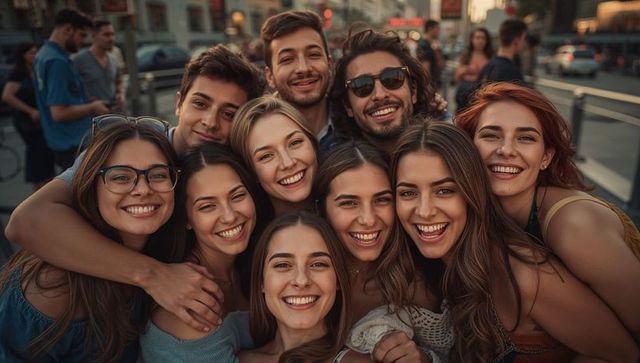 Young friends gathering for selfie on urban sidewalk during golden hour