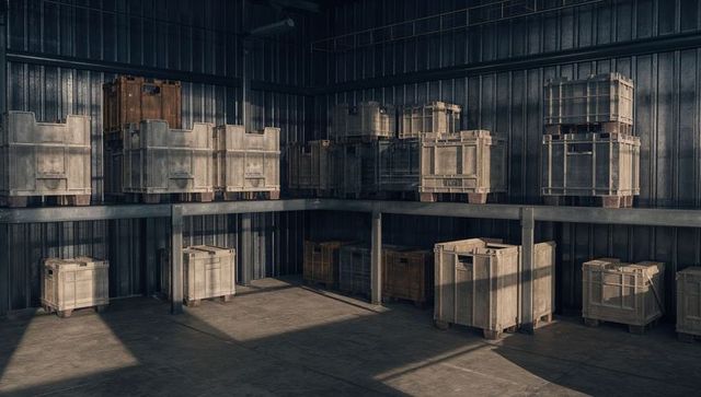 Industrial warehouse storing stacked wooden crates and pallets in dramatic sunlight