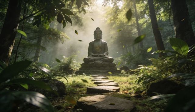 Weathered buddha statue in sunlit forest clearing with stone path, mist and meditation shrine