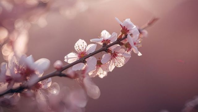 Soft pink cherry blossom branch blooming with dreamy bokeh and pastel sunset glow