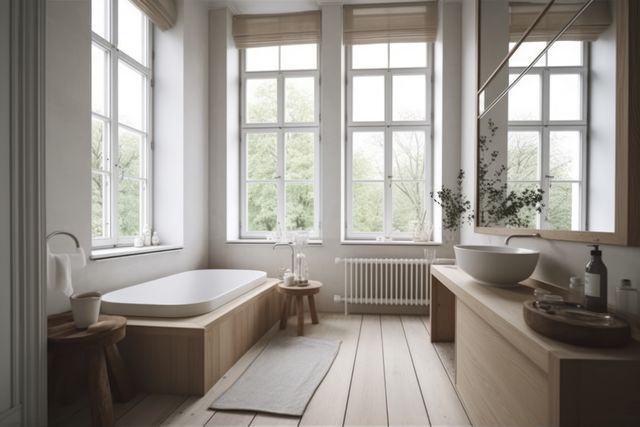 Bright modern bathroom with french windows and view to trees, created using generative ai technology. Contemporary bathroom interior design and natural light concept digitally generated image.