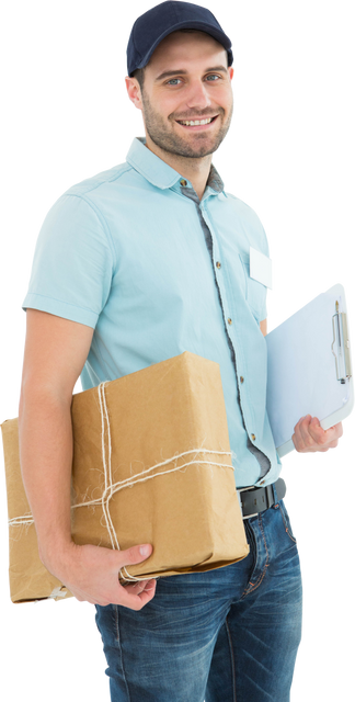 Transparent Background with Smiling Courier Holding Package and Clipboard - Download Free Stock Videos Pikwizard.com