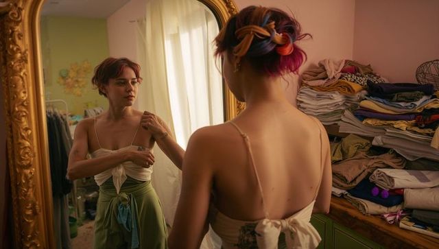 Woman adjusting top strap in ornate mirror reflection
