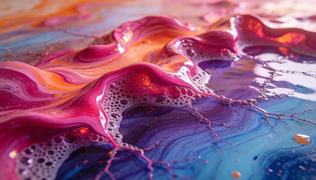 Glossy paint forming wave ridges with foam bubbles, marbling and iridescent colors