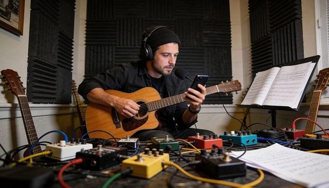 Home studio guitarist recording with smartphone and acoustic guitar surrounded by pedals
