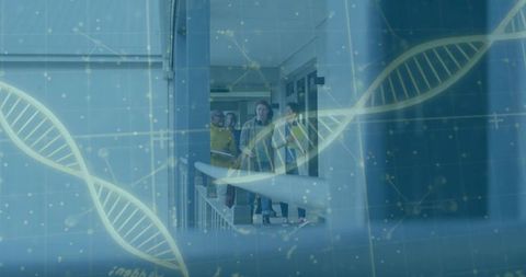 Research team walking through biotech corridor with dna overlay and glass facade