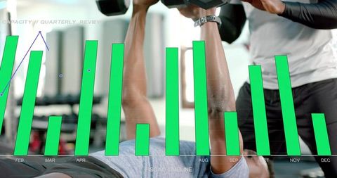 Trainer spotting athlete pressing dumbbells on flat bench overlaying performance chart