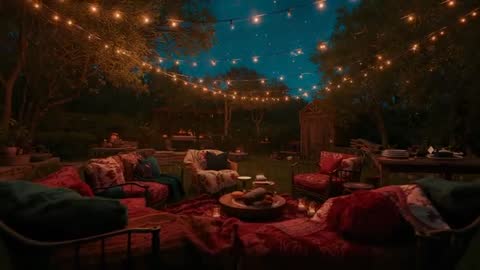 Cozy Backyard Evening Gathering Under Twinkling String Lights