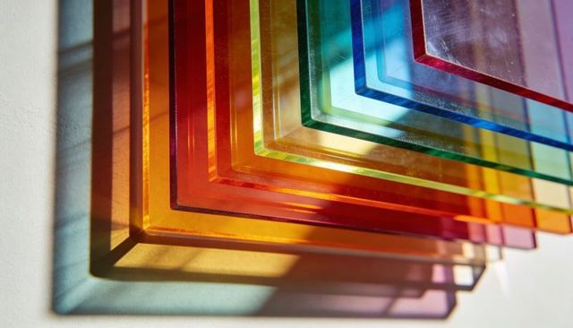 Layered Acrylic Squares Casting Rainbow Shadows Across Pale Surface, Translucent Plexiglass Panels