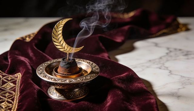 Smoldering brass incense burner with gold crescent on burgundy velvet and marble surface