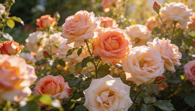 Sunlit peach cream roses blooming in garden bed with soft bokeh and sunny golden glow
