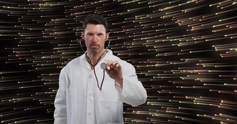 Doctor wearing lab coat presenting stethoscope in futuristic setting