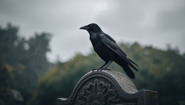 Black Crow on Gravestone: Moody Raindrops and Gothic Atmosphere