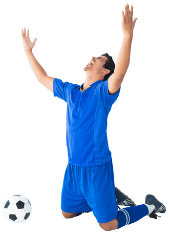 Joyful soccer player celebrating victory on transparent background