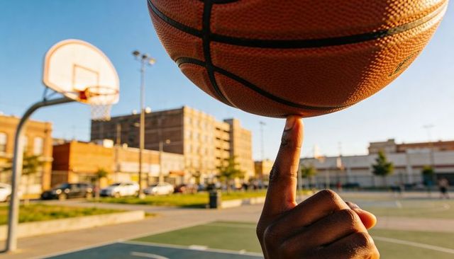 Close-up finger spinning basketball on index finger at sunlit urban court, golden hour glow