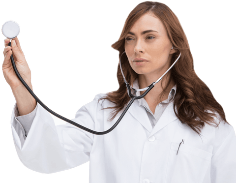 Transparent female doctor listening with stethoscope