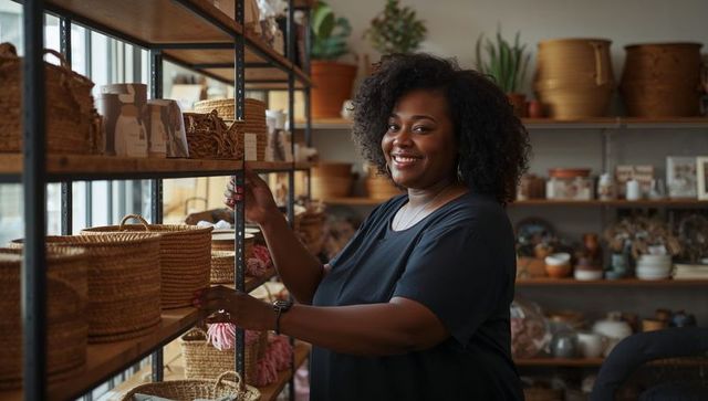 Smiling shop employee arranging woven baskets on shelving in cozy homegoods boutique
