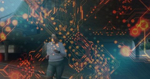 Urban woman checking smartphone under overpass with glowing circuit board network overlay