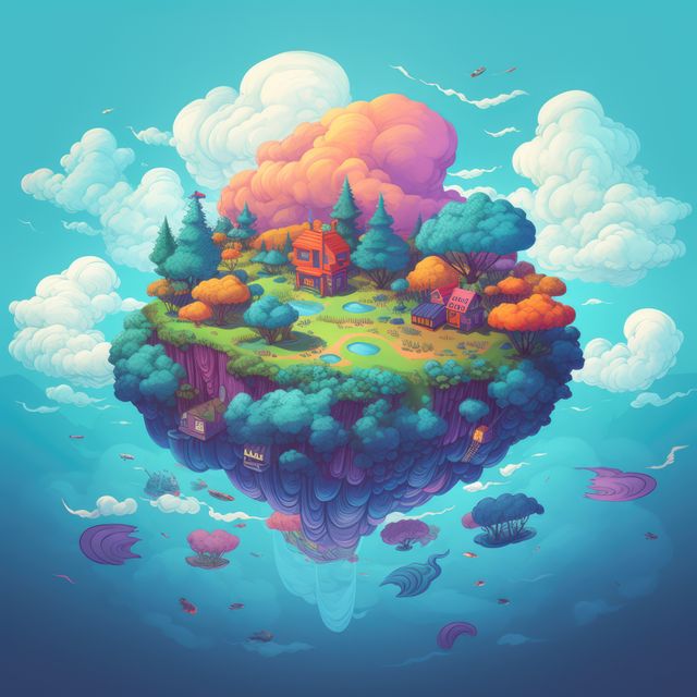 This detailed illustration of a whimsical floating island surrounded by vibrant clouds and a blue sky perfect for children's books, fantasy-themed artwork, or imaginative design projects. The surreal landscape showcasing colorful trees and quaint buildings invokes a dreamlike, imaginative world. Ideal for use in media related to fantasy stories, creative endeavors, educational materials, or even mood boards.
