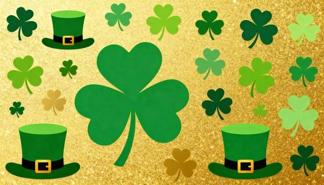 Shamrock pattern with leprechaun hats on gold glitter background for st patricks day