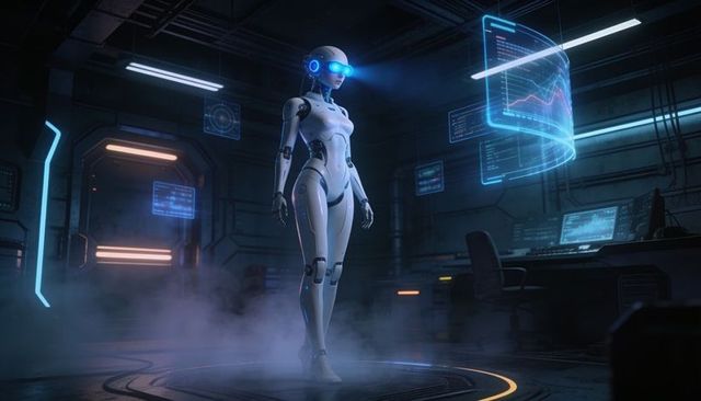 Standing android with glowing blue visor projecting holographic data in futuristic lab