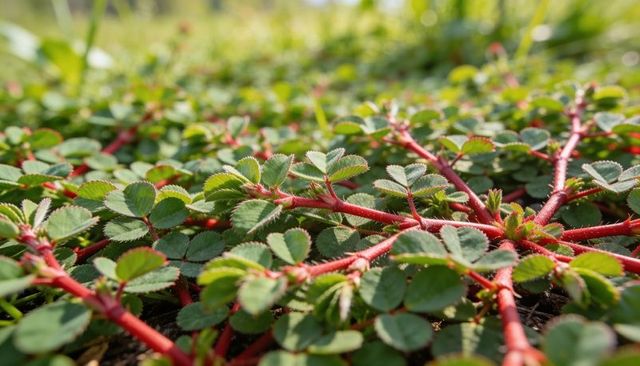 Sunlit red-stemmed creeping groundcover with serrated leaflets closeup botanical texture