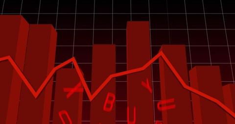 Red market downtrend showing 3d bar chart with jagged line and glowing buy letters
