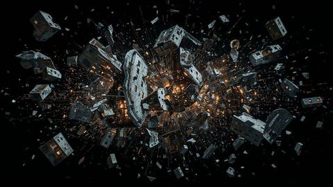 Futuristic metallic debris explosion in outer space