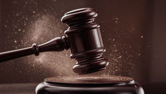Striking lacquered wooden gavel sending fine wood dust above round sounding block